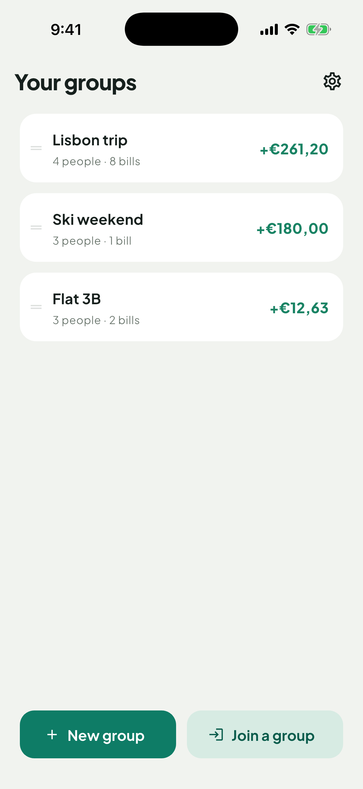 Untilt home screen listing your expense groups with running balances
