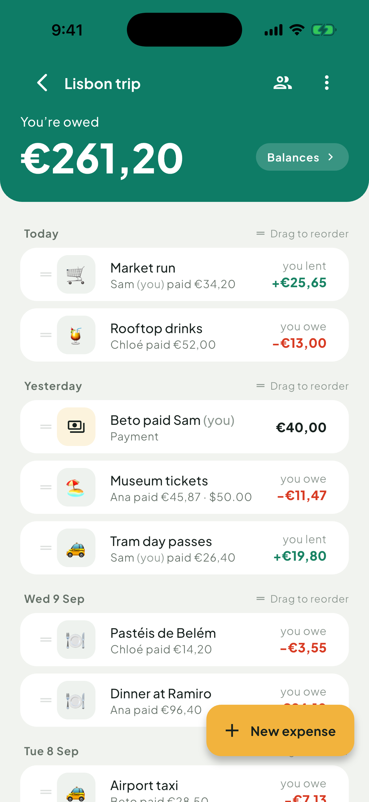 Untilt expense feed showing a running list of shared expenses