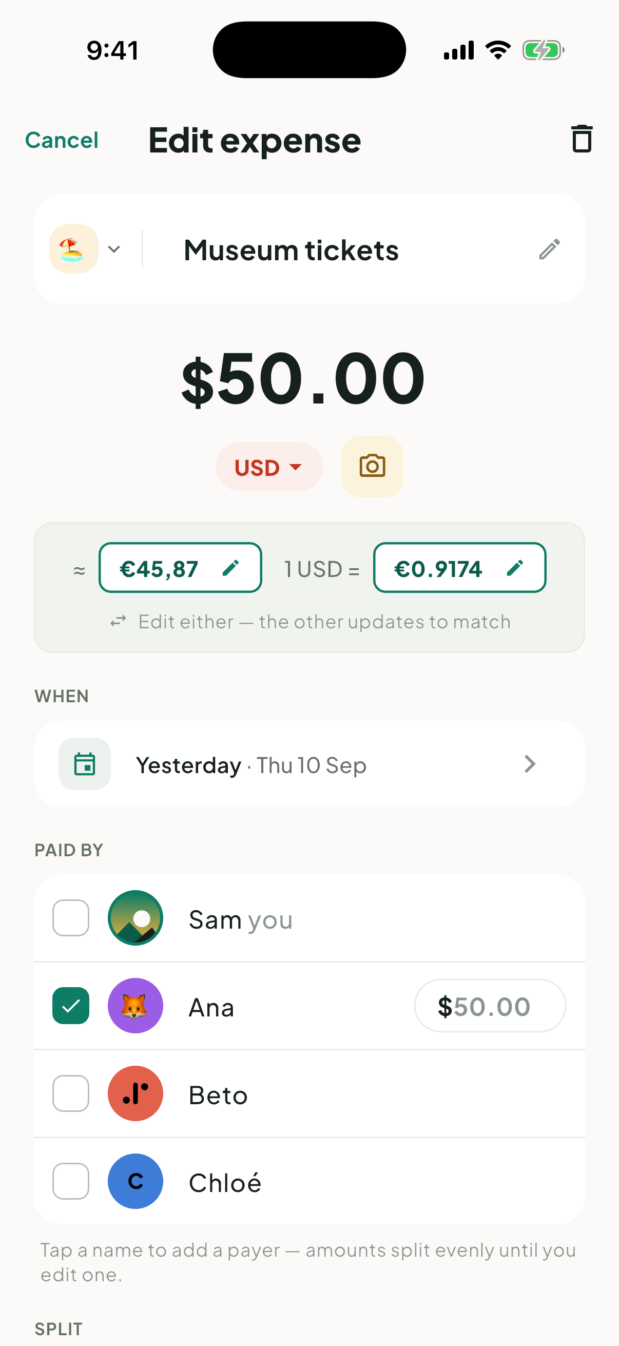 Untilt add-expense screen splitting an amount across multiple currencies