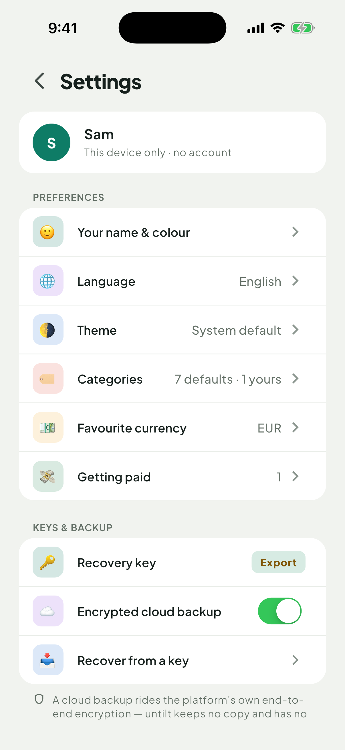 Untilt settings screen: no account, a recovery key, and the encrypted cloud backup switch